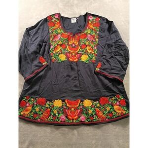 Durga Blouse Womens Large Black Embroidered Floral Butterfly Boho Tunic Top